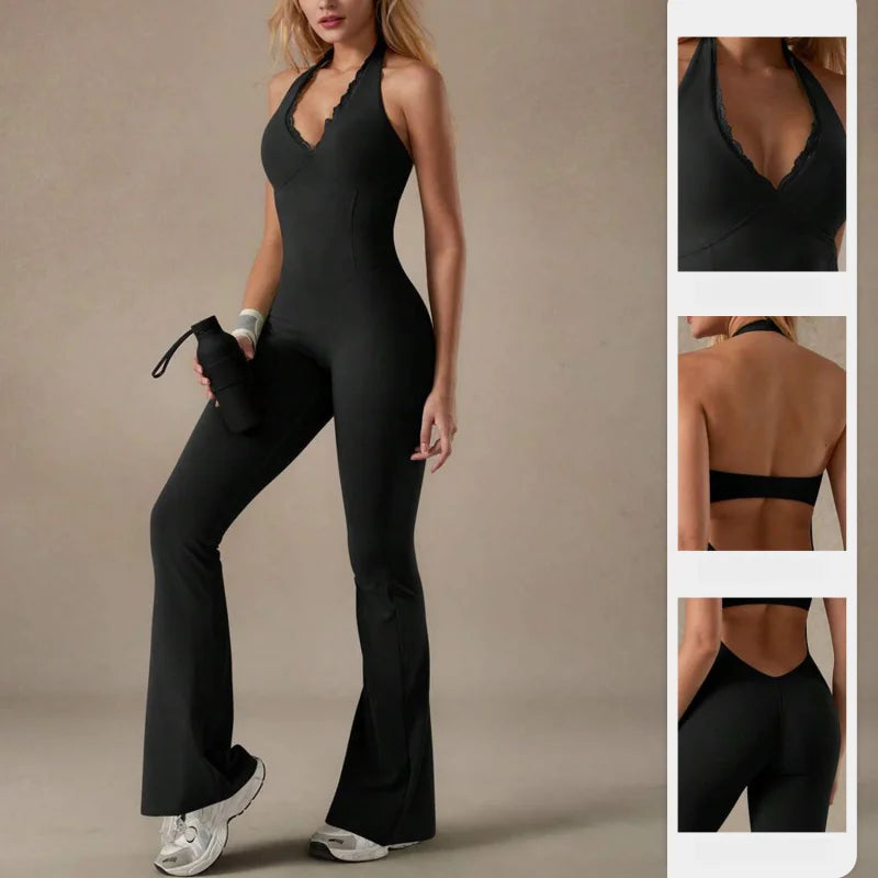 ÉLISE – Lace Halter Flare Jumpsuit